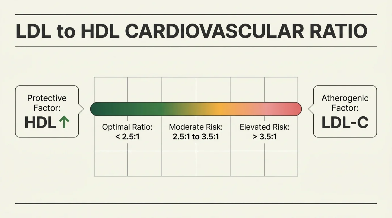 Color-gradient risk scale comparing protective HDL against atherogenic LDL-C across optimal, moderate, and elevated ranges.