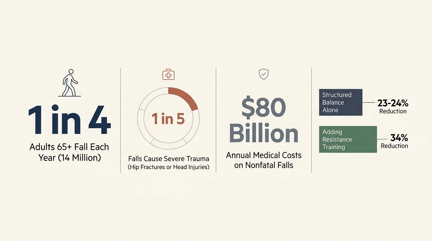 Infographic detailing fall statistics for seniors: 1 in 4 fall yearly, 1 in 5 suffer trauma, and prevention reduces risk.