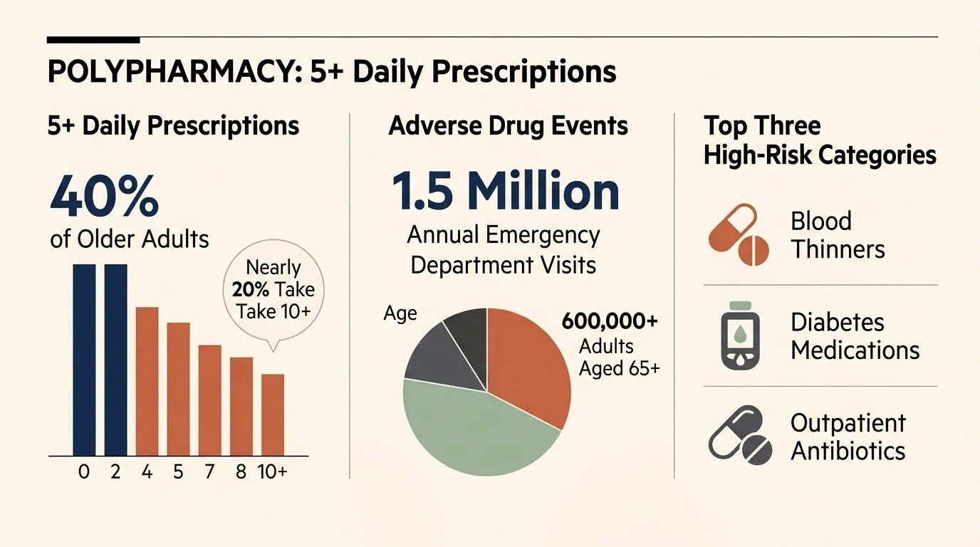 Infographic on polypharmacy showing prescription statistics, adverse drug event counts, and high-risk drug categories.