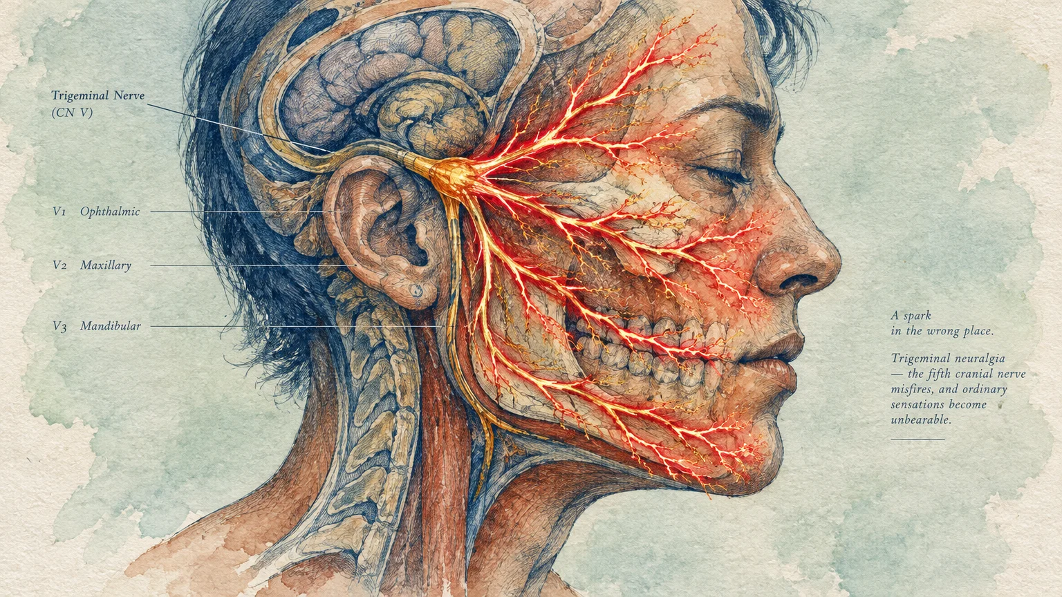 Medical illustration profile of a human head showing glowing red branches of the trigeminal nerve across the face.