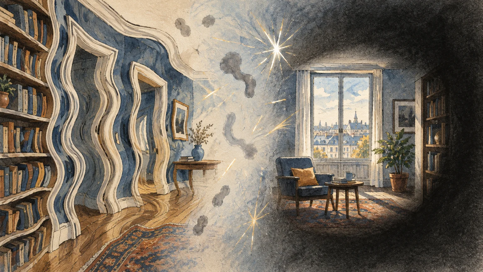 Illustration of a room distorted by wavy lines, bright flashes, dark floaters, and peripheral tunnel vision darkness.