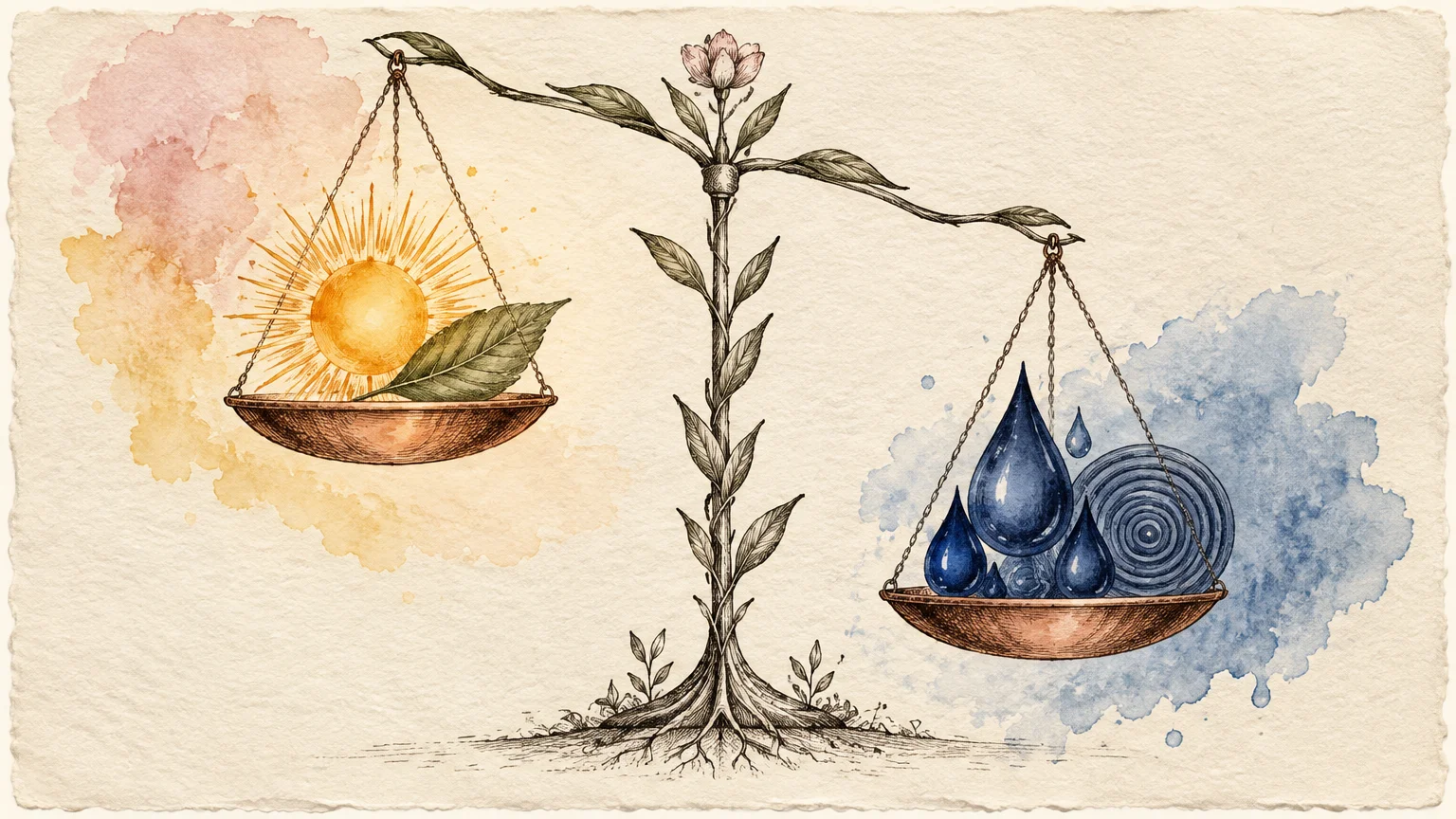 Watercolor illustration of a botanical balance scale weighing a glowing sun and leaf against blue water droplets.