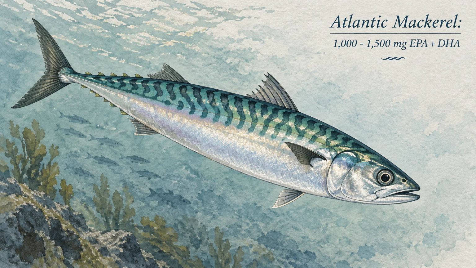 Watercolor illustration of an Atlantic mackerel swimming underwater with text noting 1,000 to 1,500 mg EPA and DHA.