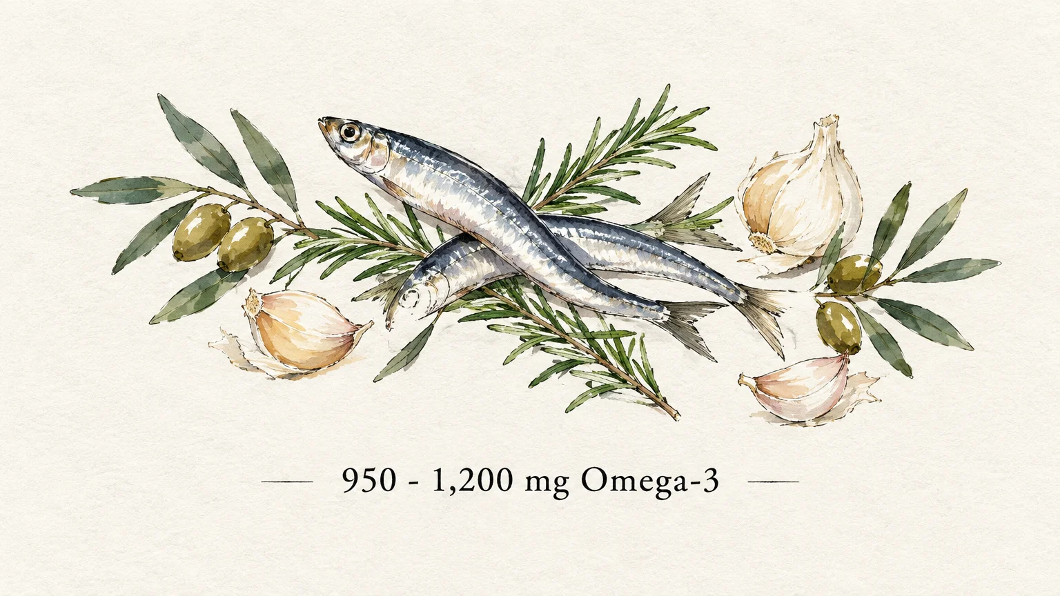 Watercolor illustration of two anchovies arranged with rosemary sprigs, green olives, garlic cloves, and omega-3 text.