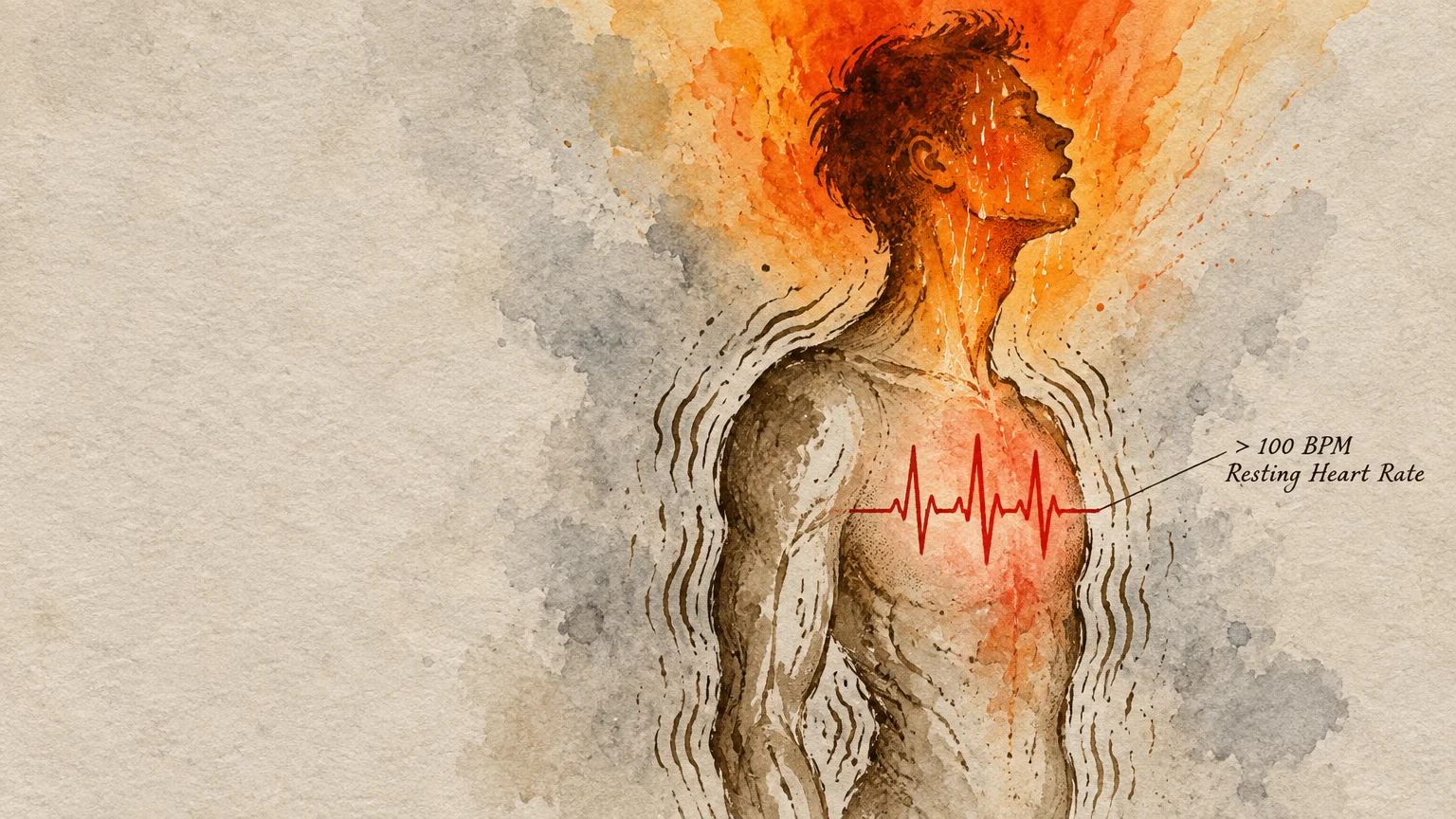 Watercolor illustration of a sweating man with heat radiating from his head, trembling lines, and a heart rate line on his chest.