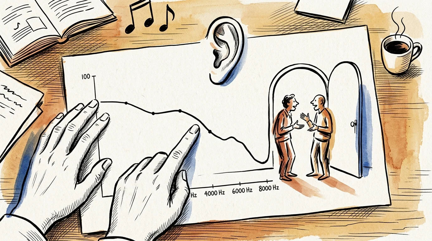 Illustration of hands pointing to an audiogram graph with an ear, music notes, and two people talking through an open door.