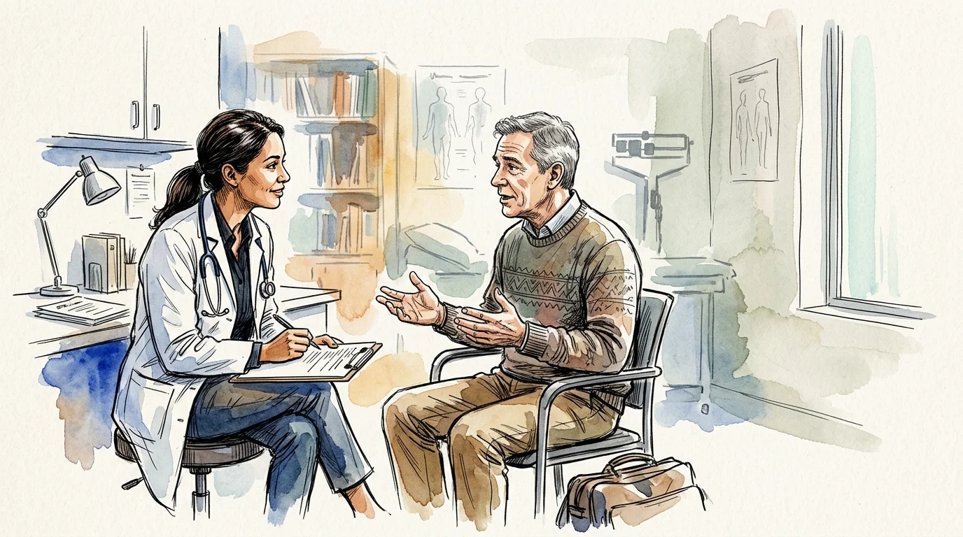 Watercolor illustration of a female doctor with a clipboard listening to a male patient talking in an examination room.