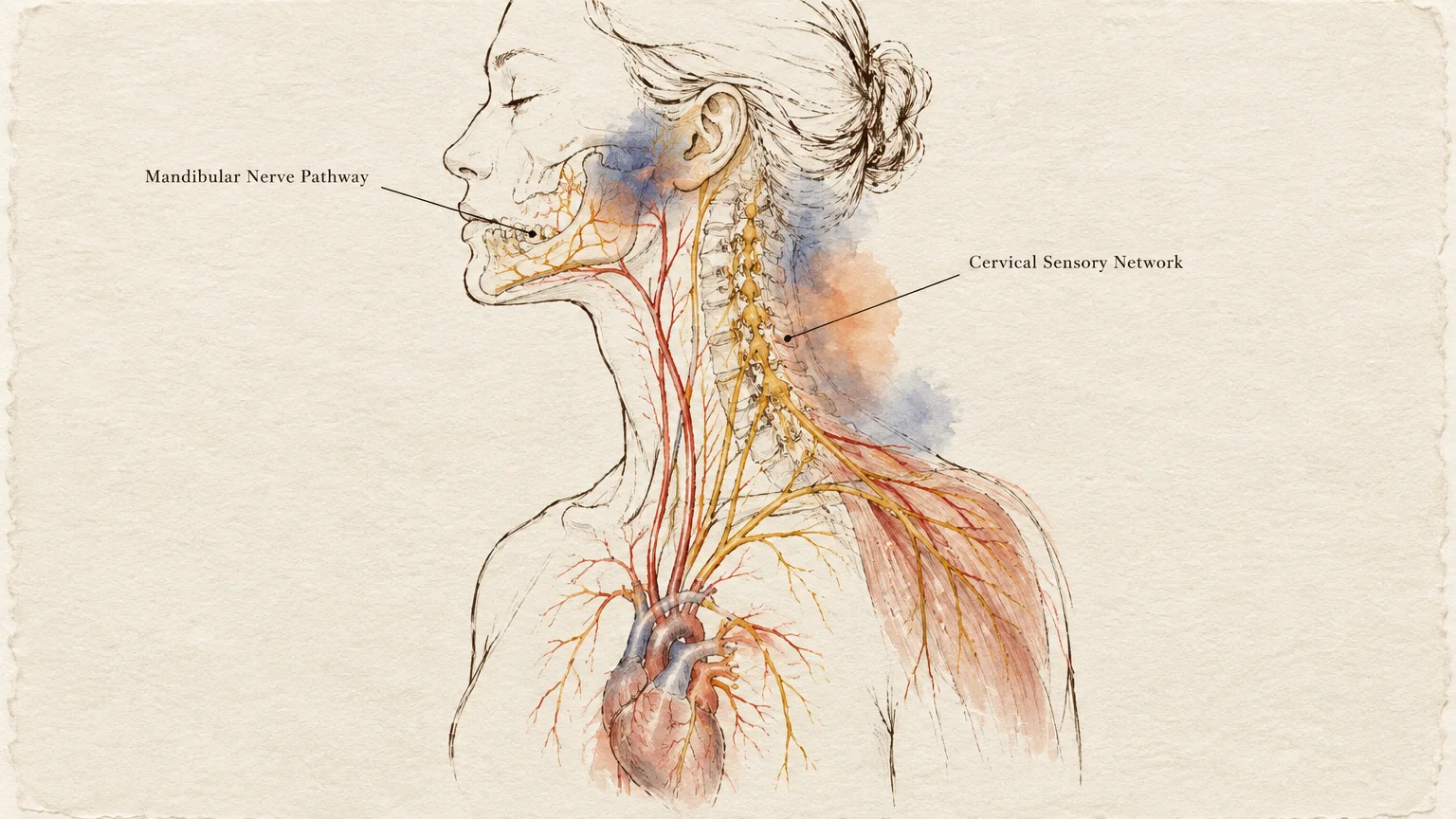 Anatomical illustration of a woman showing nerve pathways branching from the heart up toward the jaw, neck, and shoulder.
