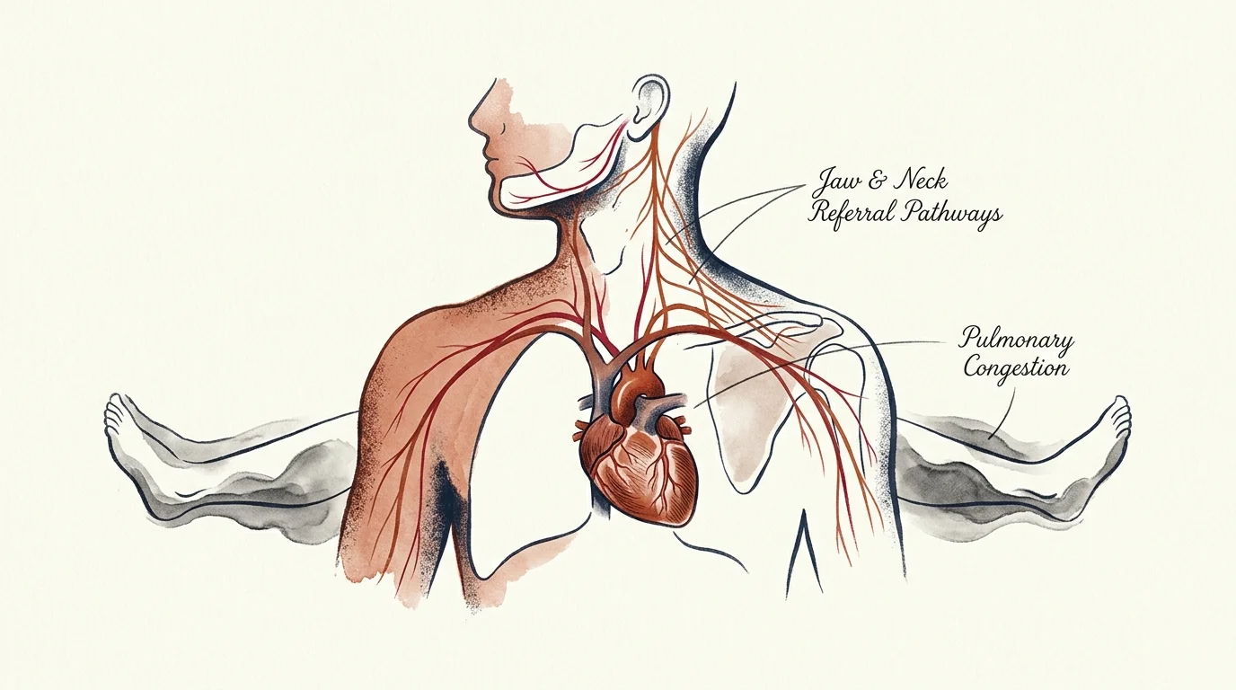 Medical illustration of a human torso showing a heart with nerve referral pathways extending to the jaw, neck, and shoulders.