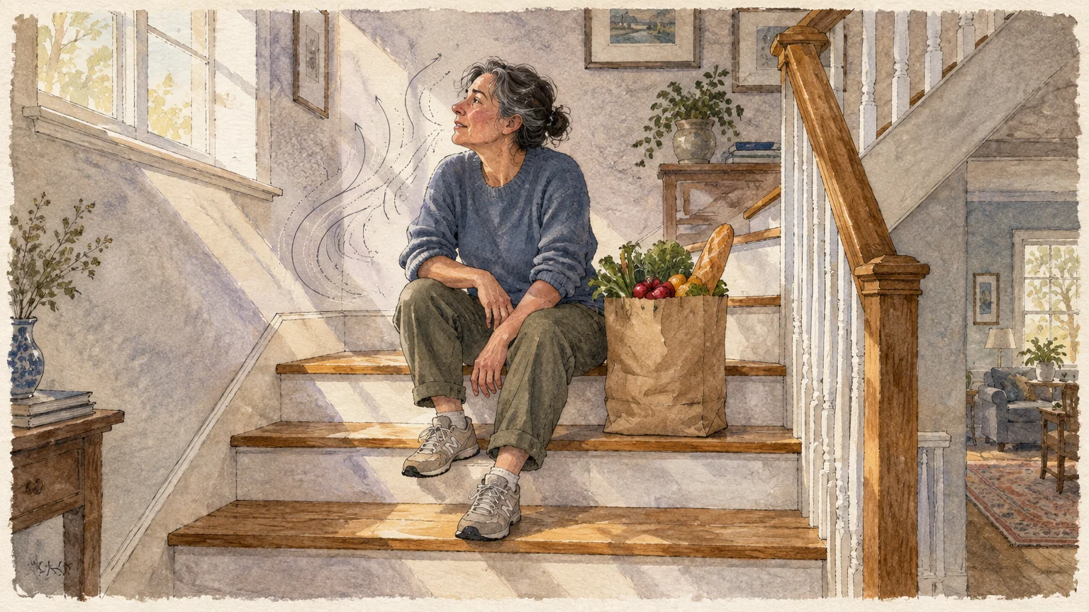 Watercolor illustration of a woman resting on indoor stairs beside a paper grocery bag, pausing to catch her breath.