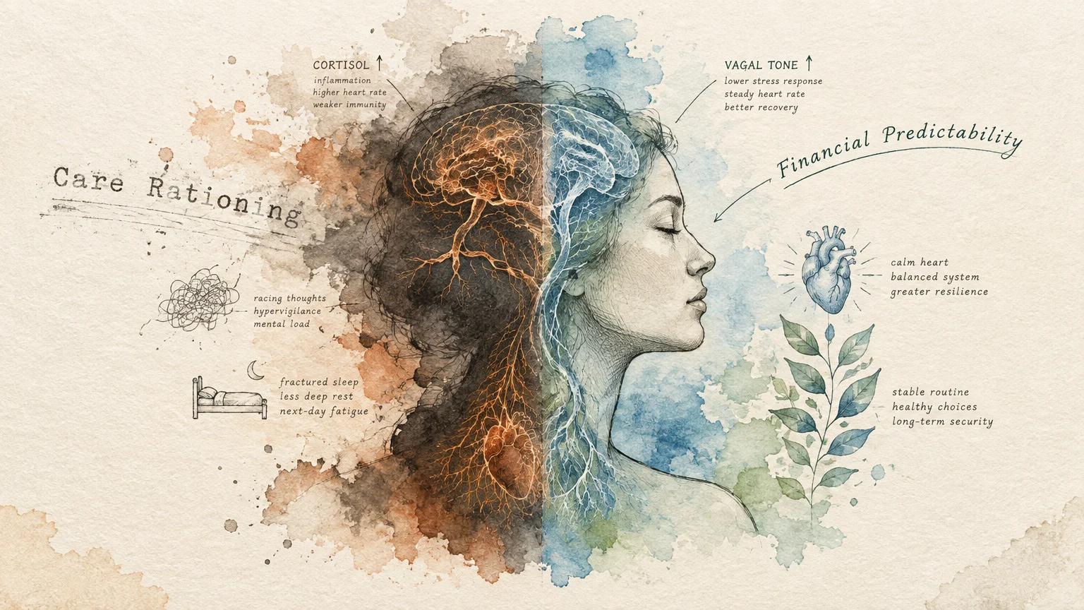 Split watercolor illustration contrasting care rationing with financial predictability across a profile of a human head.