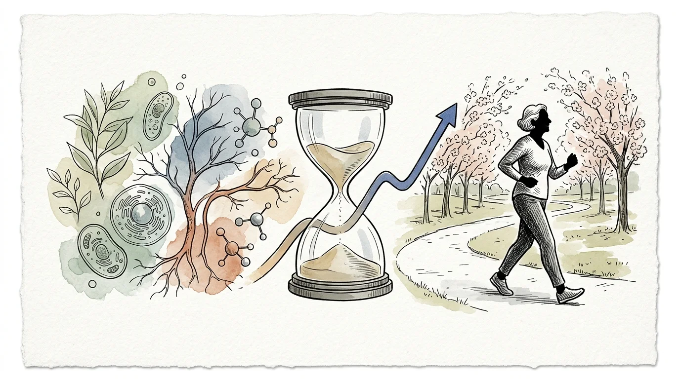 Illustration of cellular diagrams, an hourglass with an upward arrow, and a woman walking along a park path.