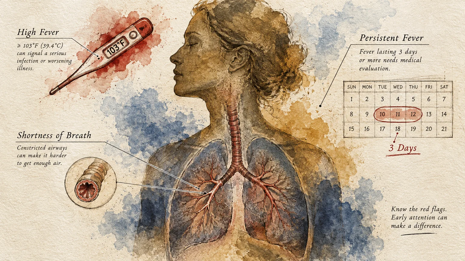 Medical illustration of a person's lungs, an airway cross-section, a digital thermometer showing 103°F, and a calendar.