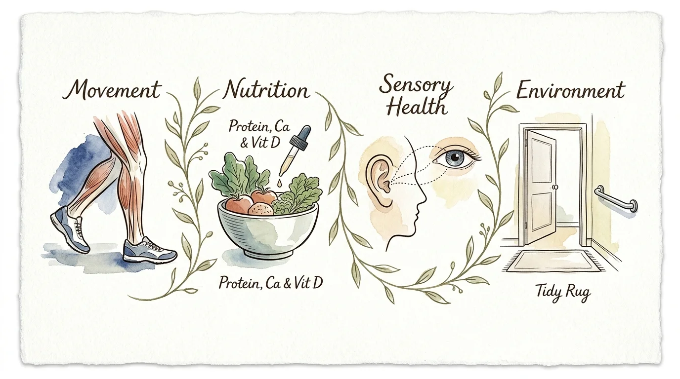Illustration showing four fall prevention pillars: movement, nutrition, sensory health, and a safe home environment.