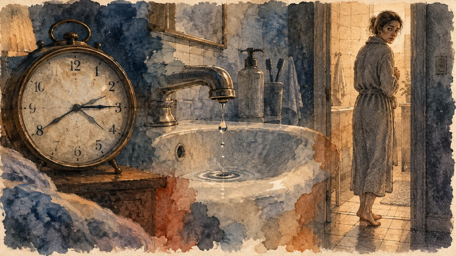 Illustration of an alarm clock, a dripping bathroom sink faucet, and a woman in a bathrobe looking back from a doorway.