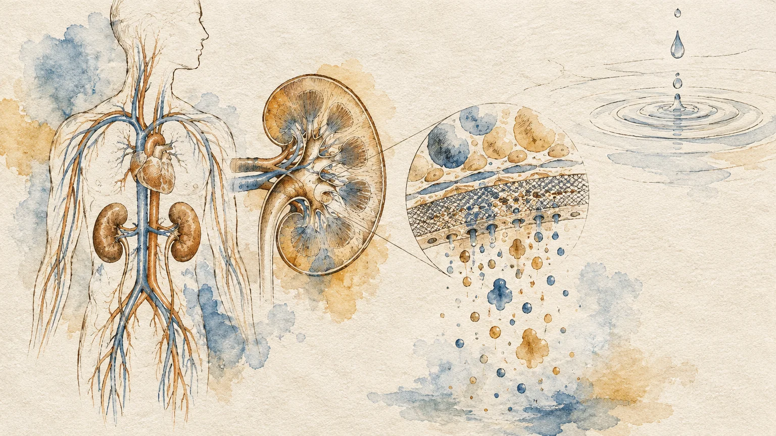 Watercolor medical diagram showing human circulatory system, cross-section of a kidney, microscopic filtration, and water drops.