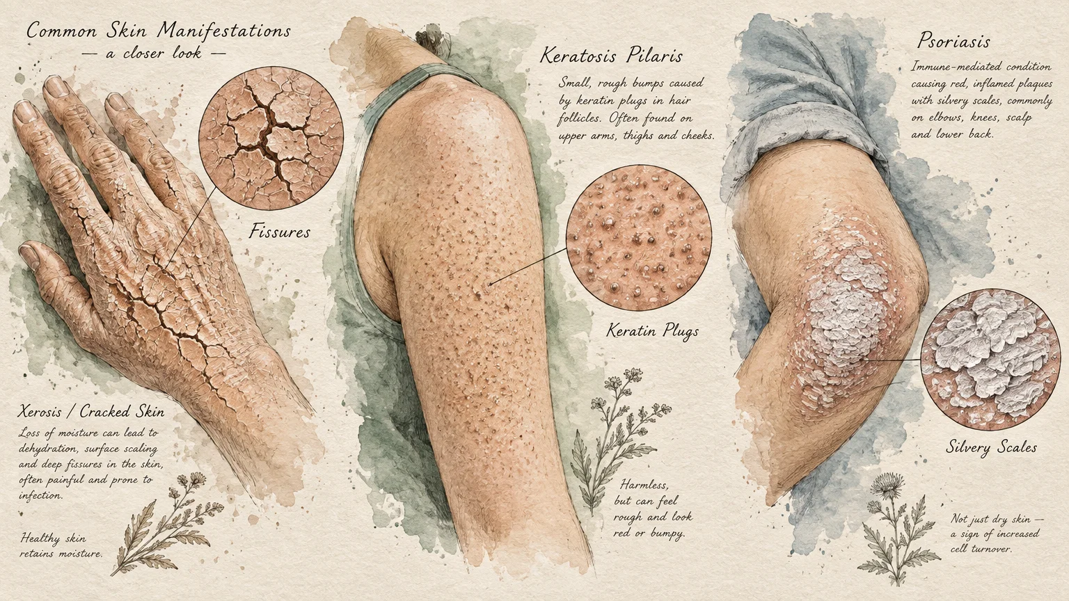Medical illustration showing xerosis fissures on a hand, keratosis pilaris on an arm, and psoriasis scales on an elbow.