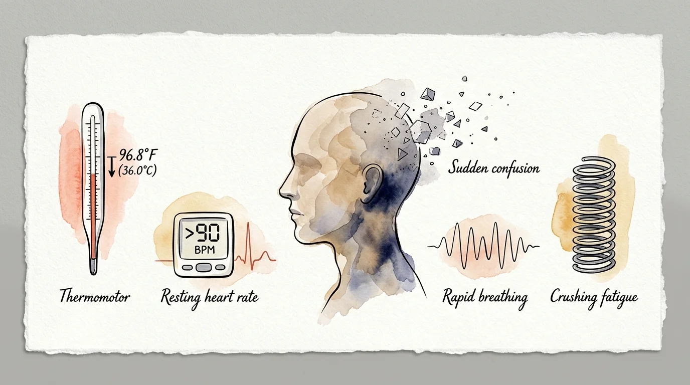 Watercolor illustration showing symptoms including low temperature on a thermometer, high pulse, confusion, and fatigue.