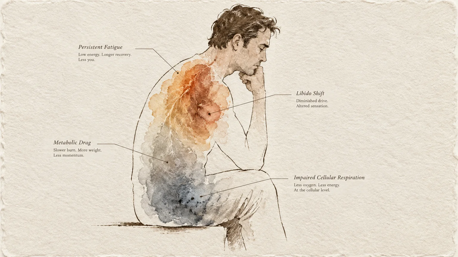 Sketch of a seated man resting his chin on his hand, filled with watercolor washes and labeled anatomical symptoms.
