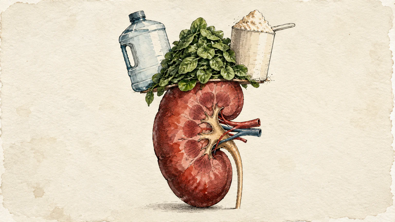 Illustration of a cross-section human kidney balancing a water jug, leafy spinach, and a scoop of protein powder on top.
