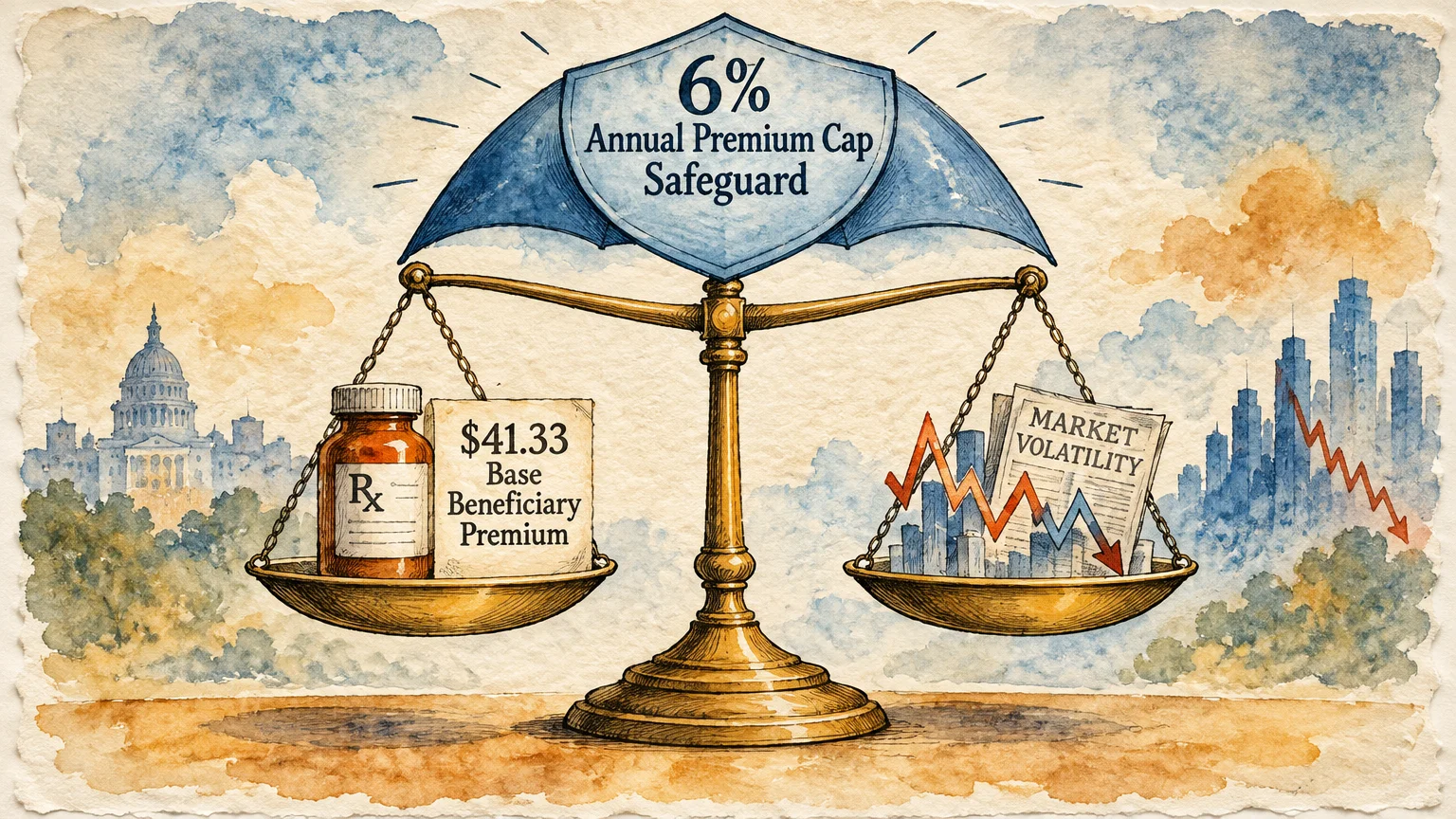 Brass scale under an umbrella balancing a prescription bottle and premium note against market volatility graphics.