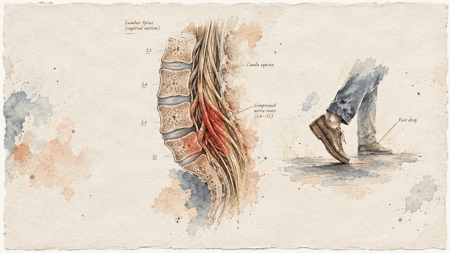 Medical watercolor sketch of lumbar spine nerve compression alongside a person walking with foot drop.