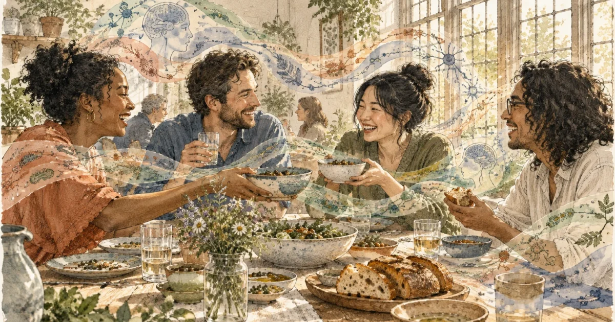 Illustration of four smiling friends sharing a meal at a table with swirling visual streams of microbes and plants.