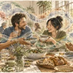 Illustration of four smiling friends sharing a meal at a table with swirling visual streams of microbes and plants.
