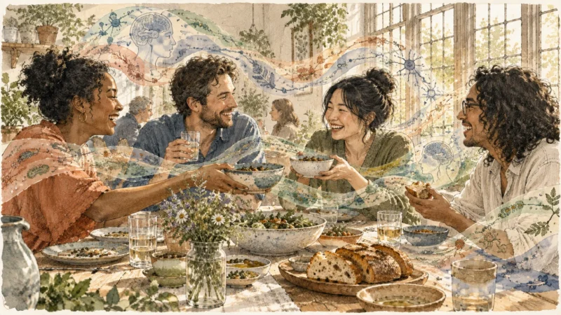 Illustration of four smiling friends sharing a meal at a table with swirling visual streams of microbes and plants.