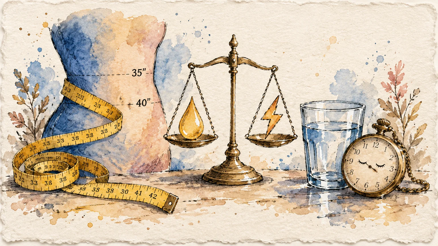 Watercolor illustration of a torso with measuring tape, balance scale holding an oil drop, glass of water, and pocket watch.