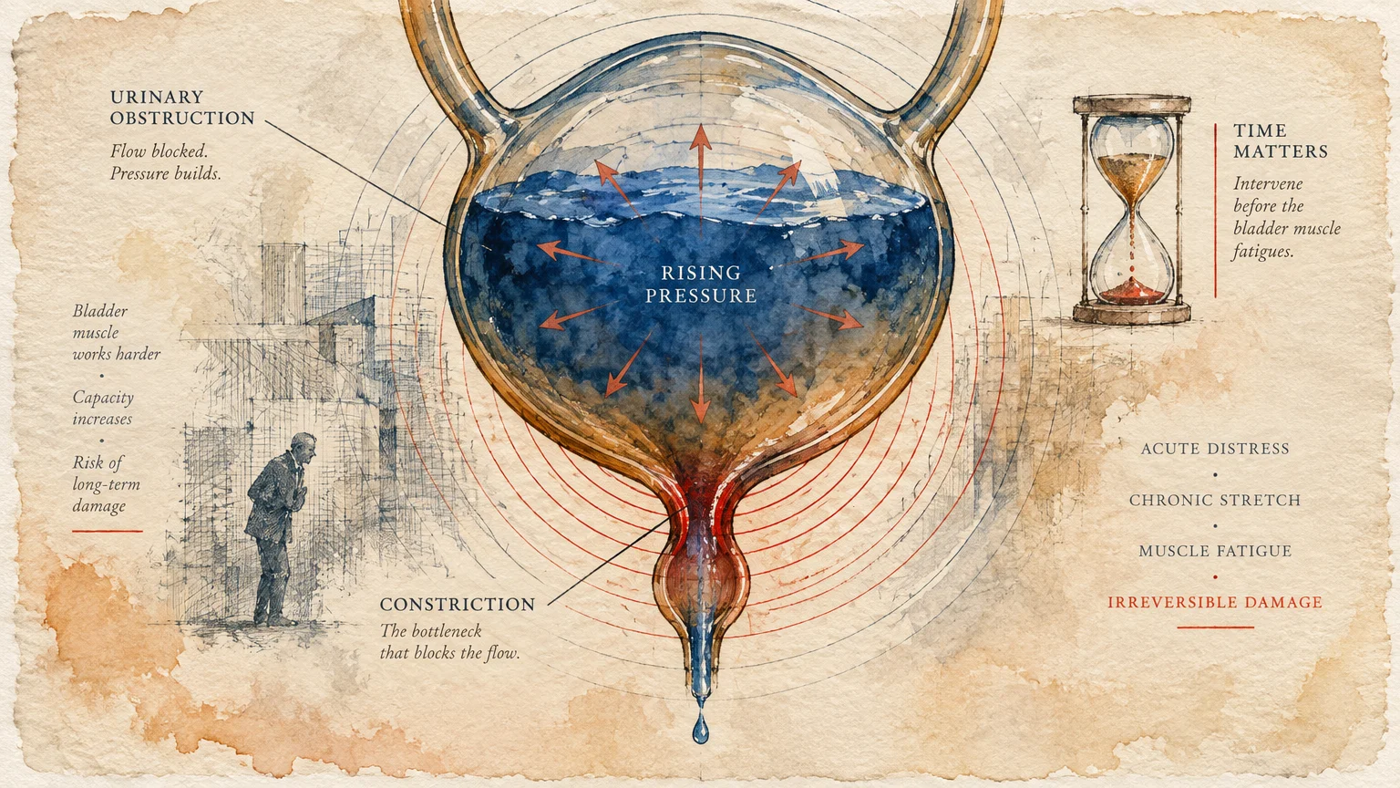 Illustration of a glass flask shaped like a bladder showing fluid buildup, constricted outlet, and rising pressure arrows.