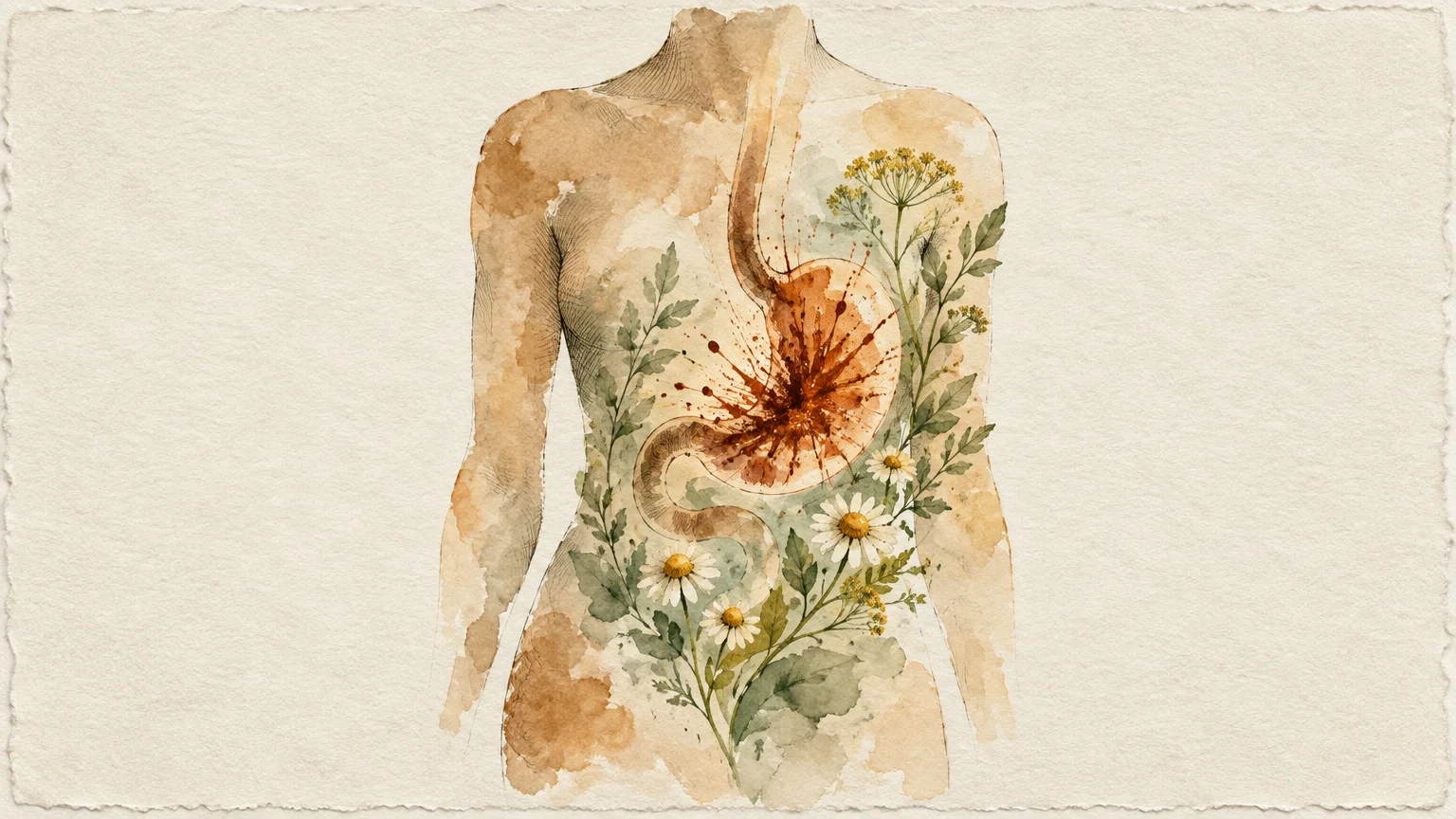 Watercolor illustration of a human torso showing an irritated stomach surrounded by blooming botanical flowers and herbs.