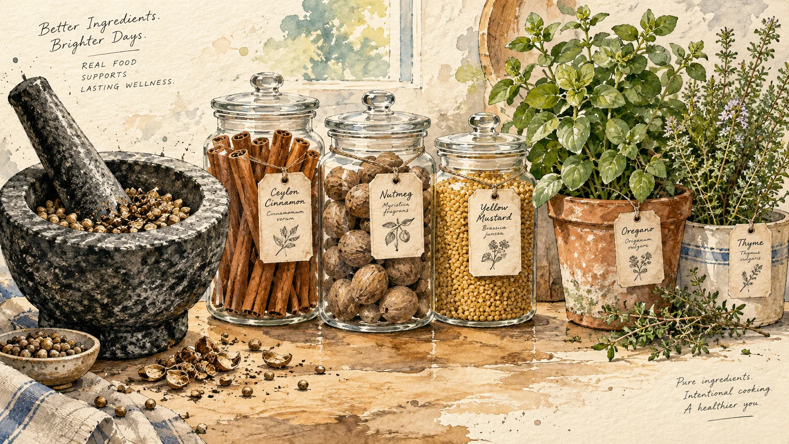 Watercolor illustration of a stone mortar, jars of cinnamon, nutmeg, and mustard, alongside potted oregano and thyme plants.