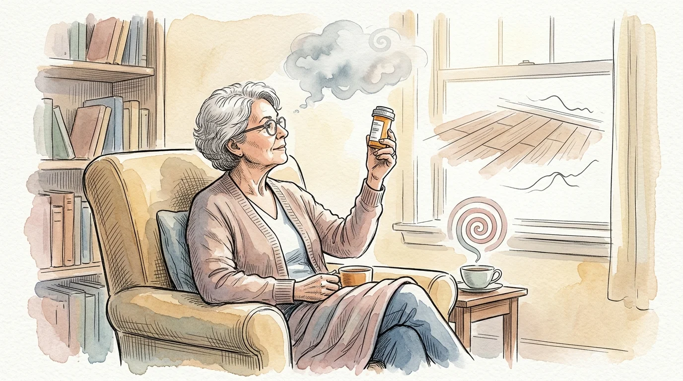 Illustration of an older woman in an armchair holding a pill bottle, with a thought cloud and dizzying swirl nearby.