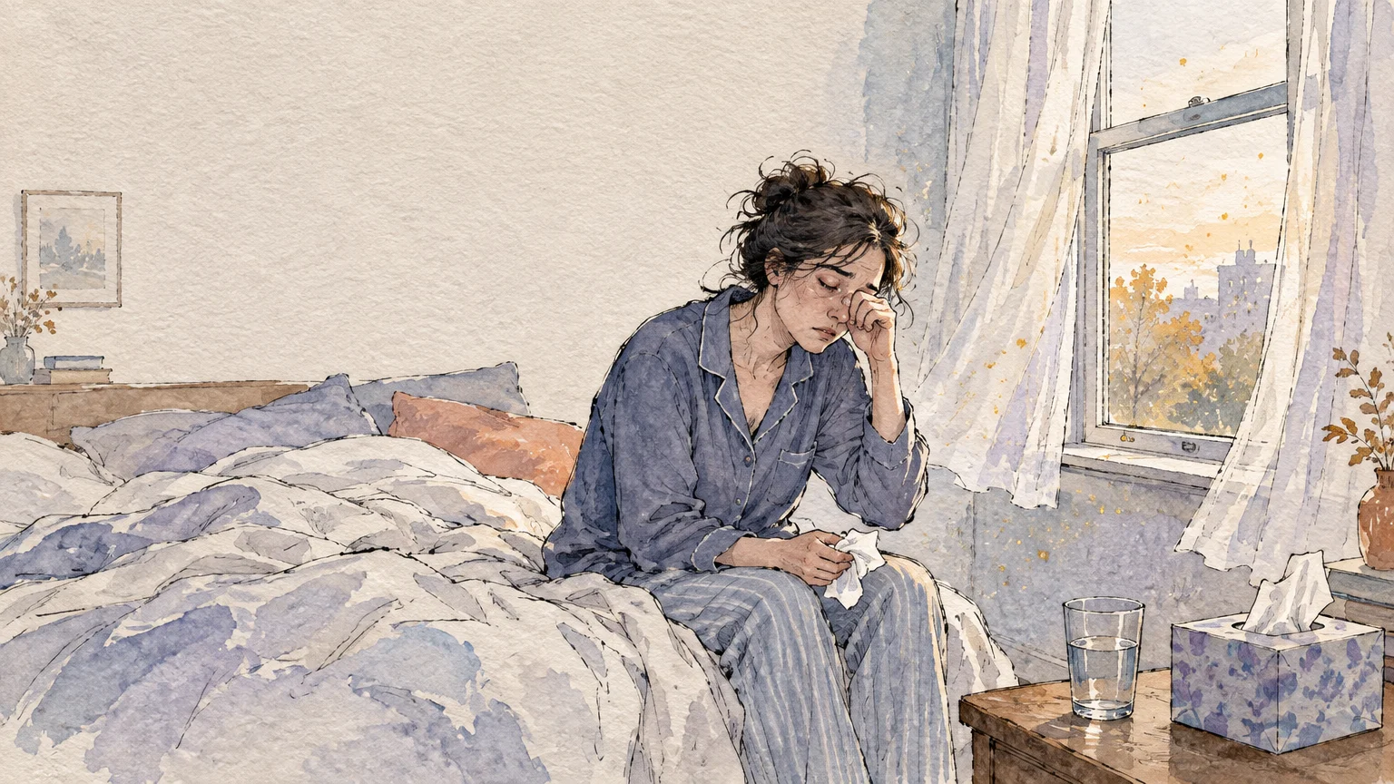 Watercolor illustration of a tired woman in pajamas sitting on an unmade bed rubbing her eye beside an open window.