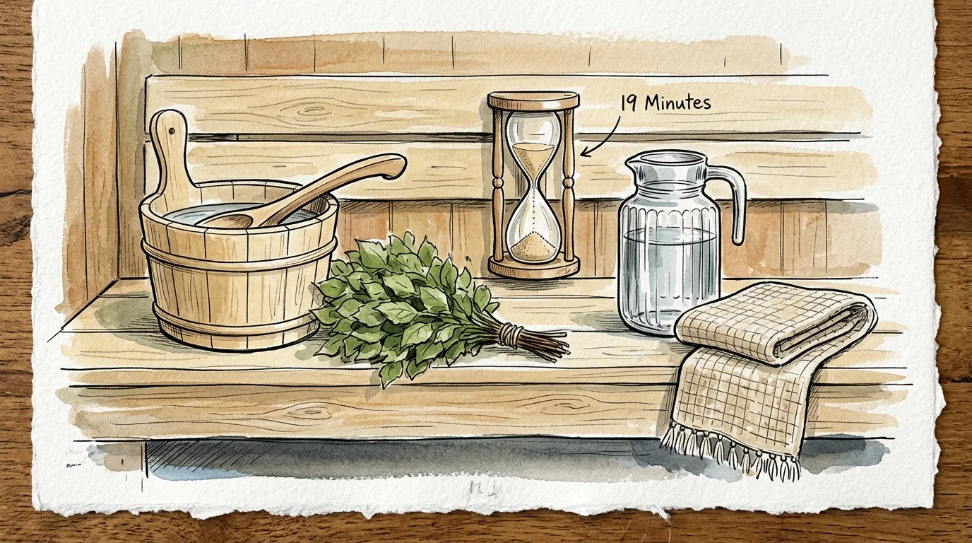 Watercolor illustration of a sauna bench with a wooden bucket, birch whisk, hourglass, water pitcher, and folded towel.