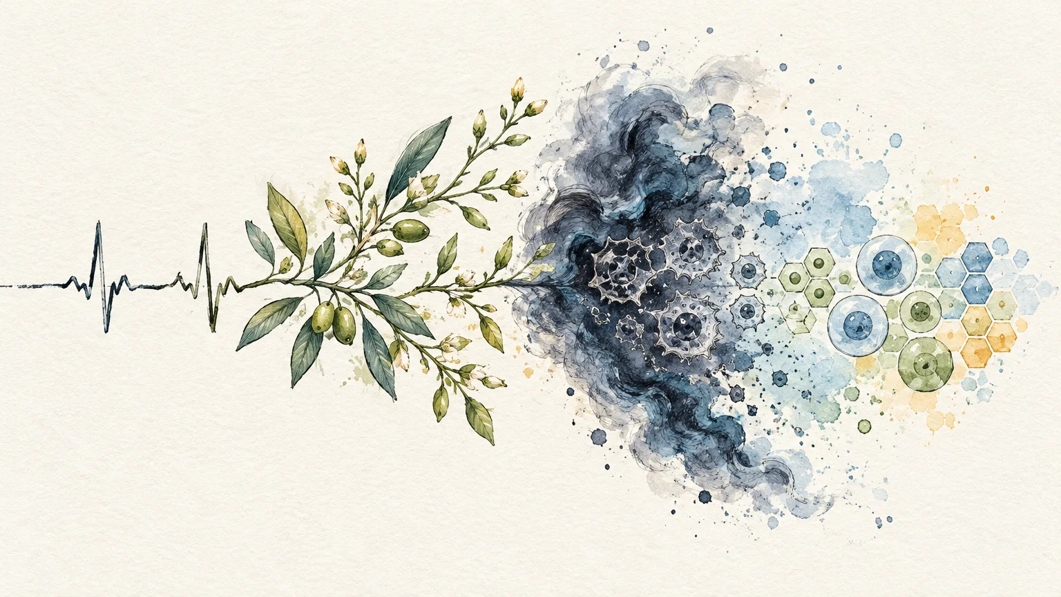 Watercolor illustration of a heartbeat line turning into a flowering branch, leading into gears, smoke, and cellular shapes.
