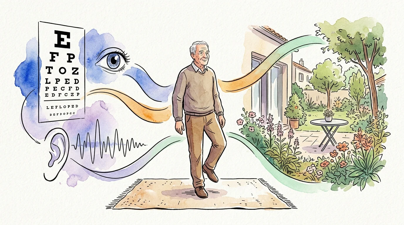 Watercolor illustration of an older man walking, framed by an eye chart, an ear with soundwaves, and a garden patio.