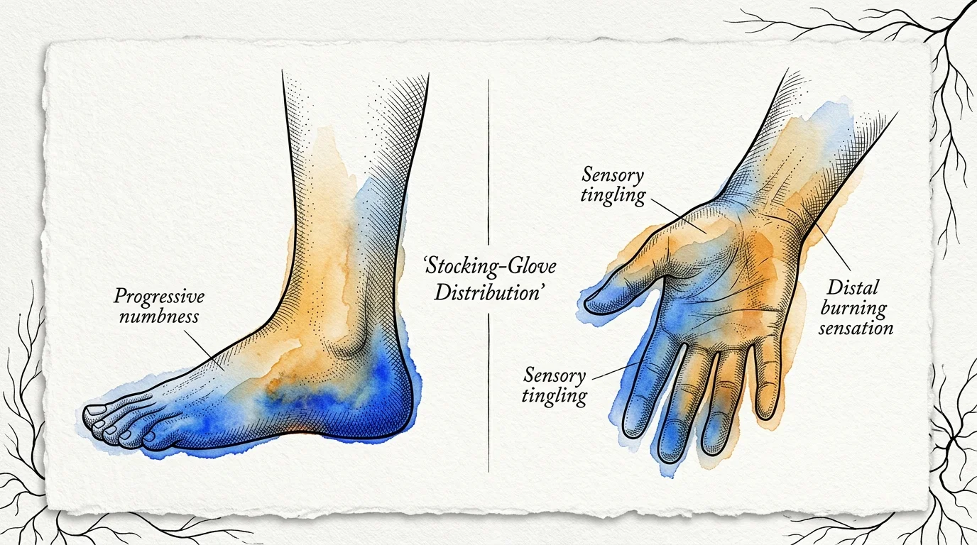 Illustration of a foot and hand with blue and orange watercolor shading, labeled with peripheral neuropathy symptoms.