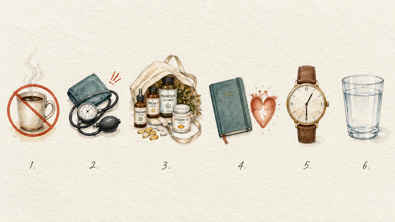 Six watercolor items labeled one to six: crossed-out coffee, blood pressure cuff, supplements, diary with heart, watch, water.