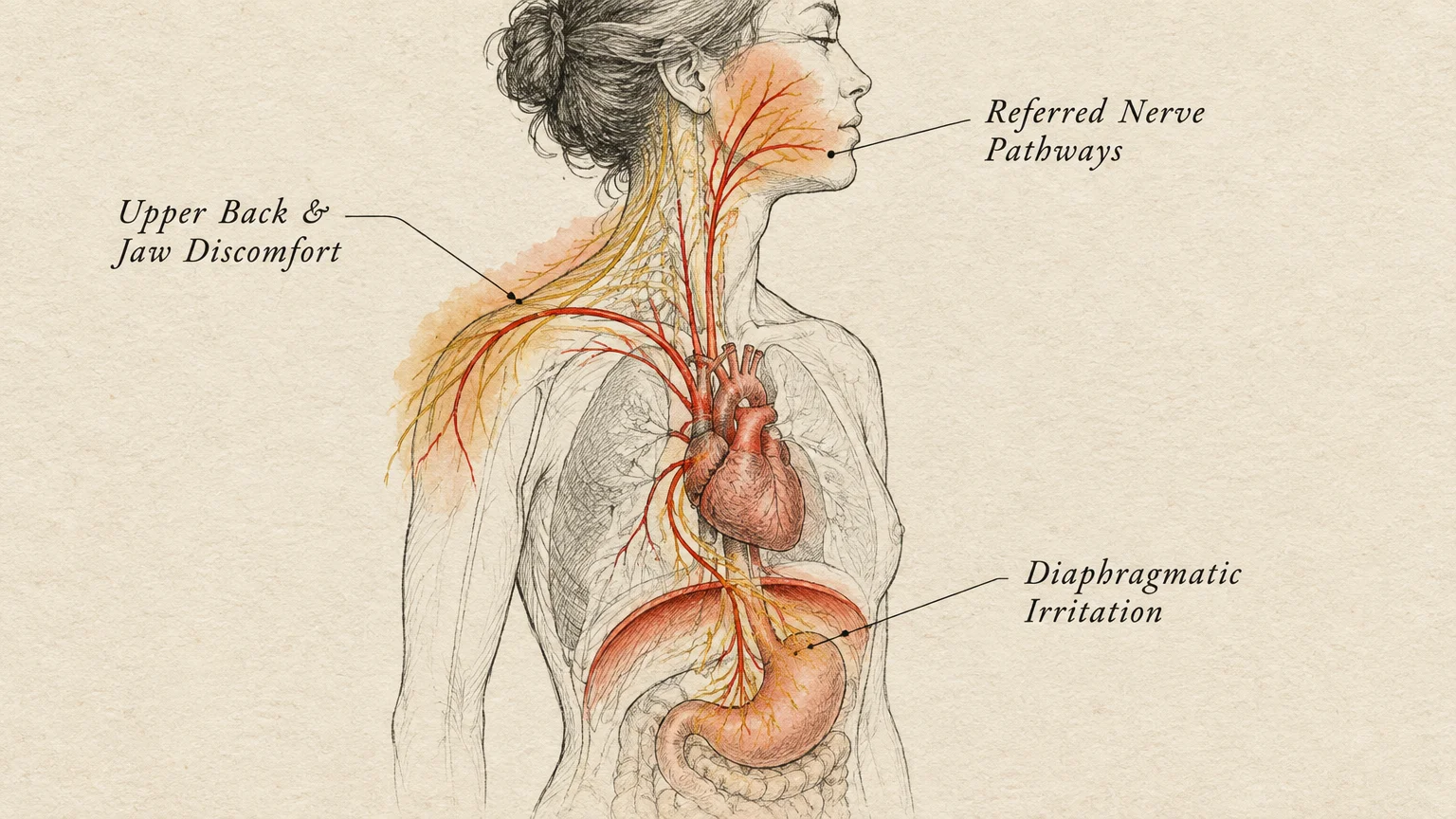 Anatomical sketch of a woman showing nerve pathways branching from the heart to the jaw, shoulder, and diaphragm.