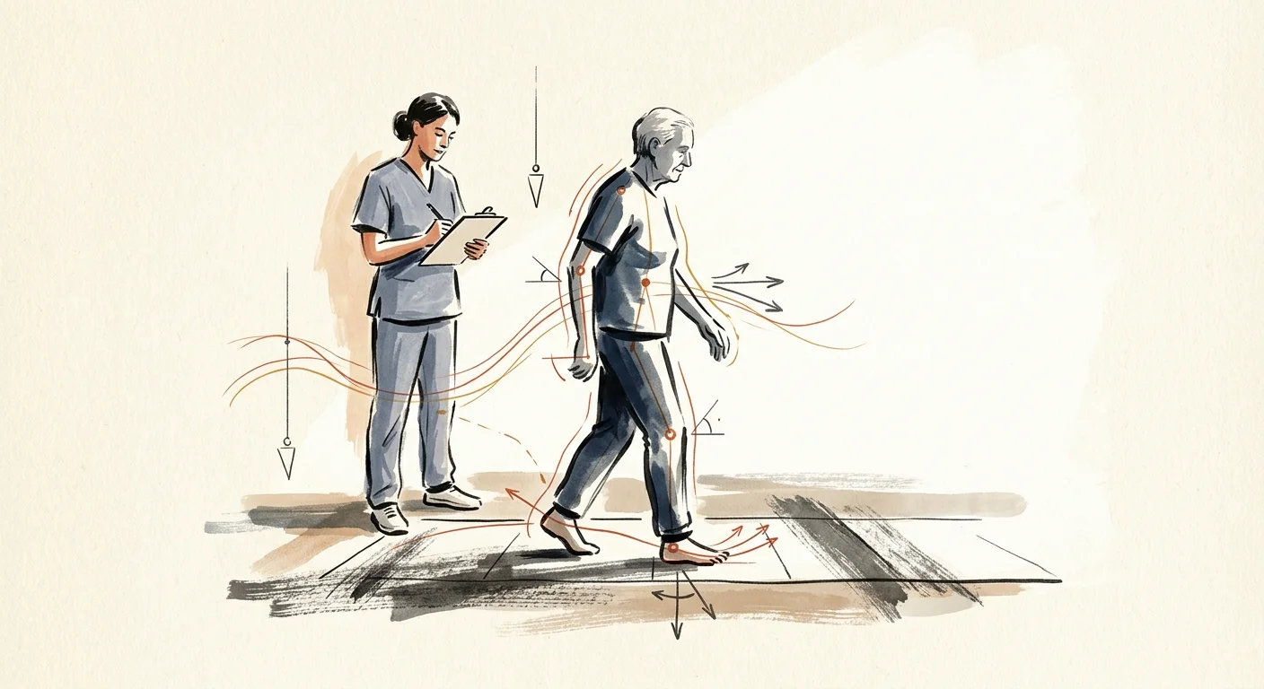 Illustration of a healthcare provider holding a clipboard while observing an older adult walking along a marked path.