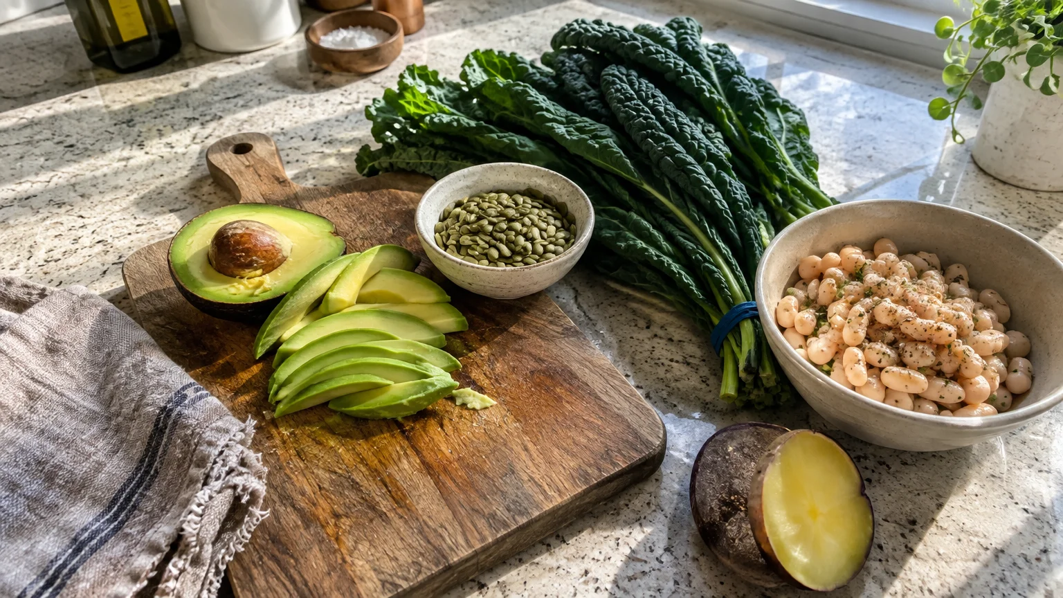 Sliced avocado on a cutting board beside a bunch of kale, pumpkin seeds, a bowl of white beans, and sliced potatoes.