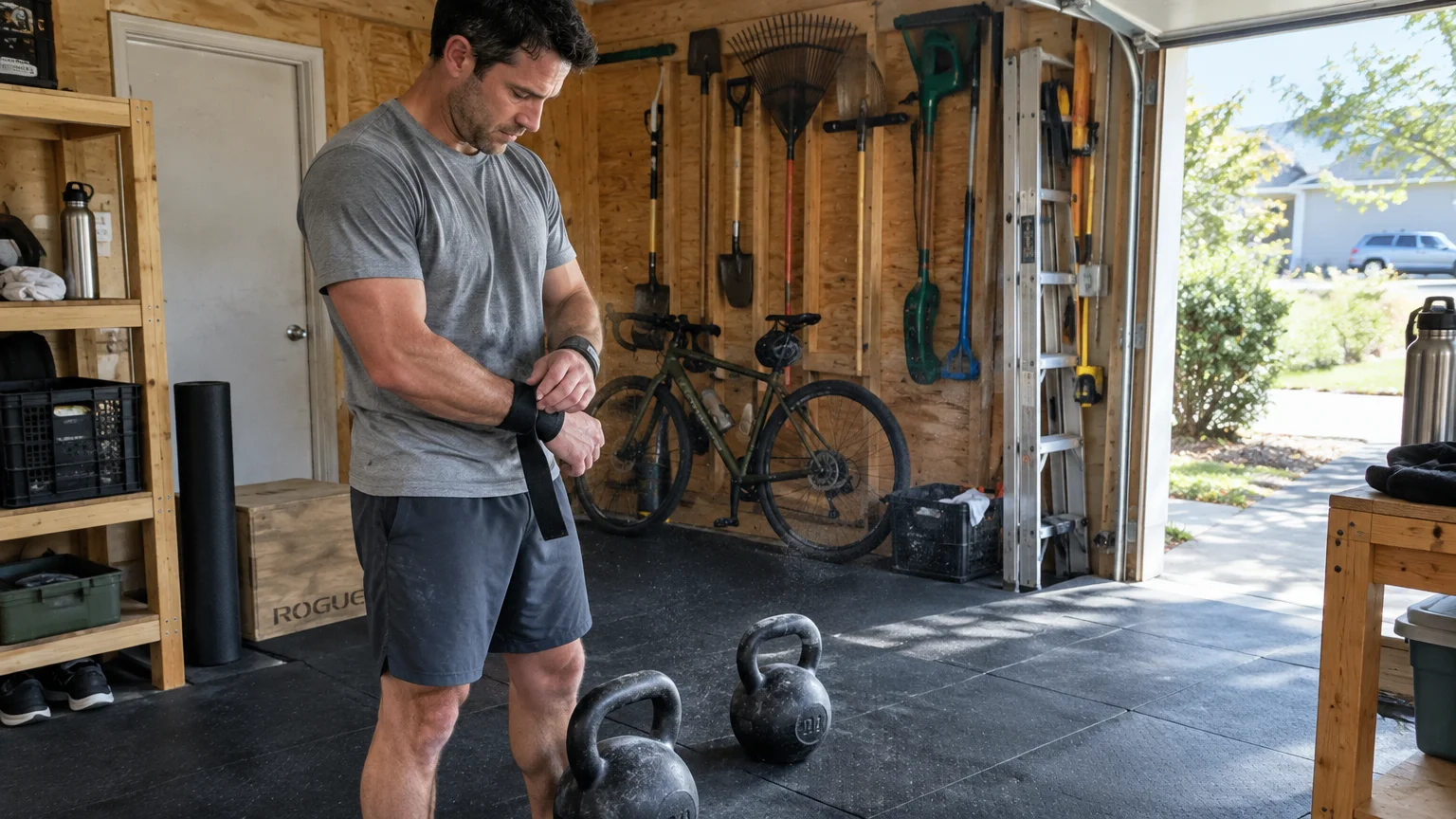 A man standing in a garage gym adjusts wrist wraps near two kettlebells on a rubber mat.