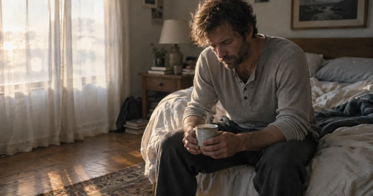 A man sits on the edge of an unmade bed holding a steaming mug in a sunlit bedroom.