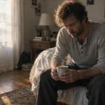 A man sits on the edge of an unmade bed holding a steaming mug in a sunlit bedroom.