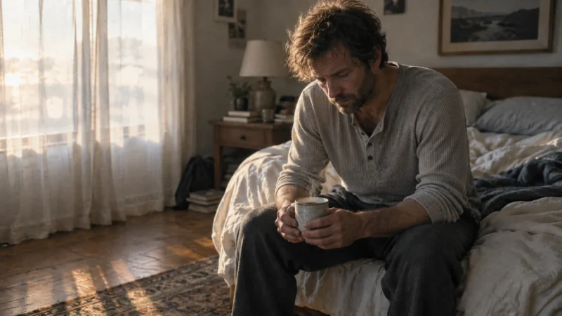 A man sits on the edge of an unmade bed holding a steaming mug in a sunlit bedroom.