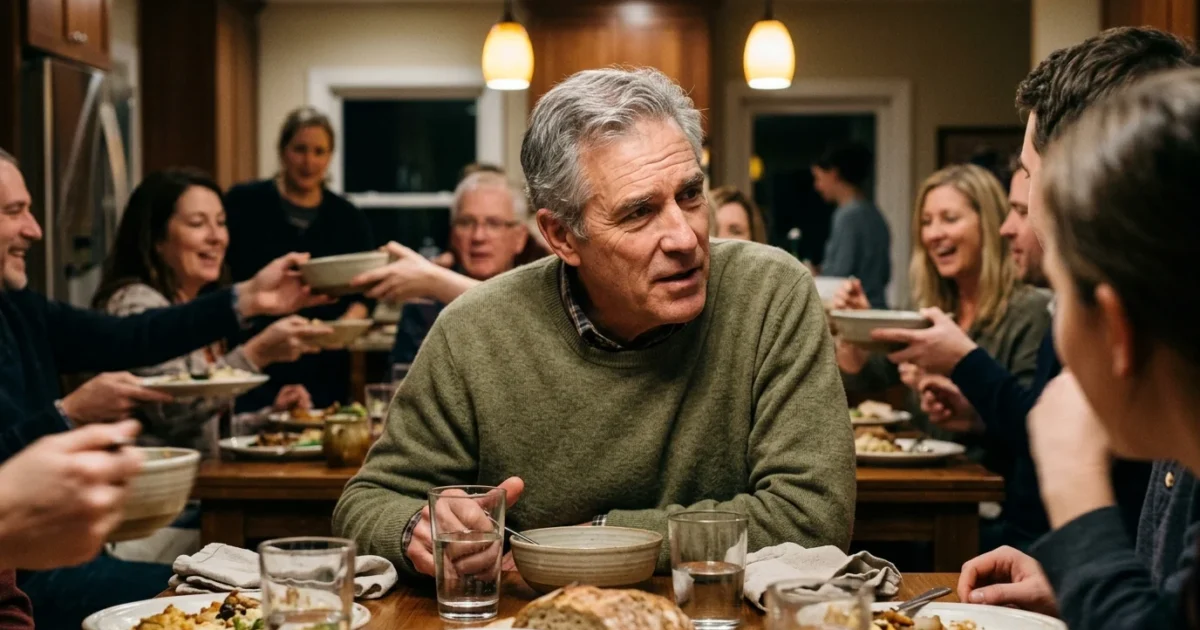 Older man in a green sweater talking with family around a crowded dinner table.