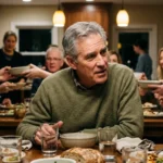 Older man in a green sweater talking with family around a crowded dinner table.
