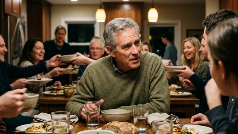 Older man in a green sweater talking with family around a crowded dinner table.